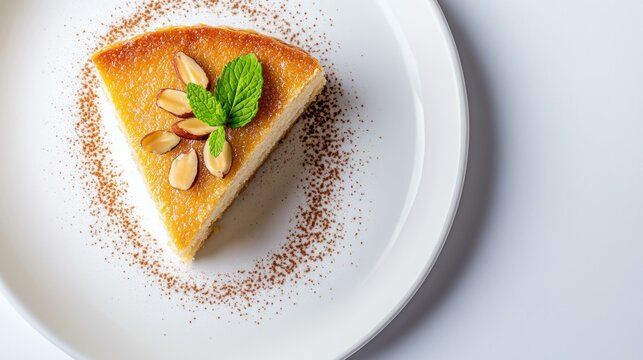  Slice of traditional Portuguese toucinho do c u almond cake garnished with mint on elegant white plate.