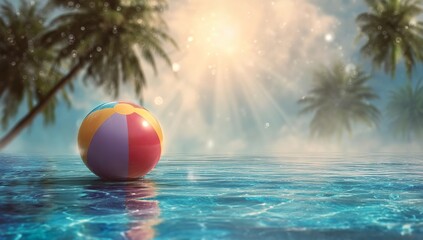 A colorful beach ball floating in the water of an outdoor swimming pool, with palm trees and sun