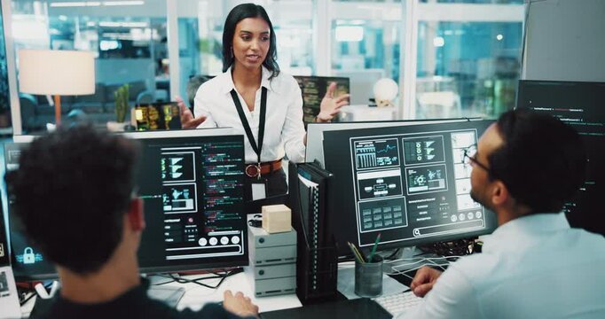 People, computer and screen for coding training of internship, programming and software update. Staff, female mentor and feedback of website development, server application and troubleshooting system