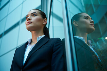 Confident businesswoman posing near reflective glass wall looking towards future opportunities