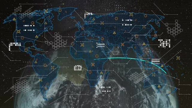 Showing neon blue world map overlay on Earth with hexagon data nodes, yellow triangles, red circles