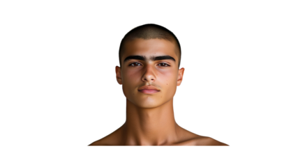 Portrait of a Young Man with Short Hair, Serious Expression, and Tan Skin