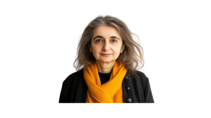 Portrait of a Mature Woman with Gray Hair and Orange Scarf