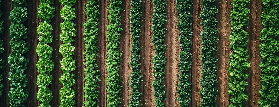 Aerial view of rows of crops