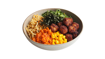 Delicious and Colorful Asian-Fusion Bowl with Crispy Meatballs, Noodles, Corn, and Spicy Sauce