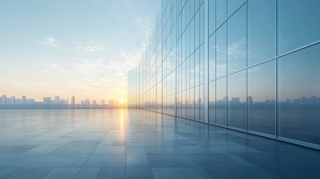 Modern glass facade building at sunrise.