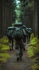 Fototapeta premium Soldiers hike wooded path, heavy packs.