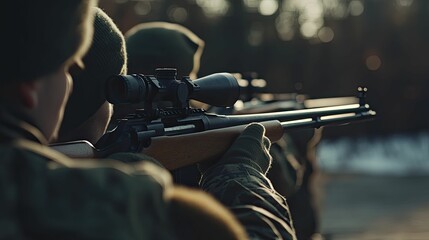 Soldiers aiming rifles outdoors, scoped weapons.