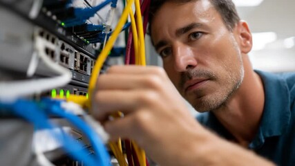 A focused technician adjusts server connections, highlighting the importance of technology and infrastructure in modern data management and communication systems.