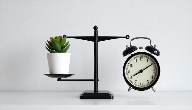 An analog clock and a plant placed symmetrically on a shelf – Balance
