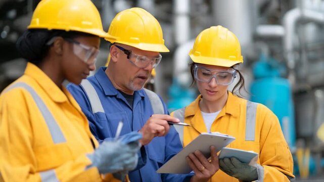 A collaborative scene of engineers discussing plans with digital tablets in a factory setting, representing teamwork in industrial innovations and safety solutions.