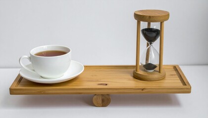 A cup of tea and an hourglass side by side on a wooden tray &ndash; Balance
