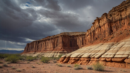 Desert Landscape with Red Rock Cliffs and Storm Clouds
