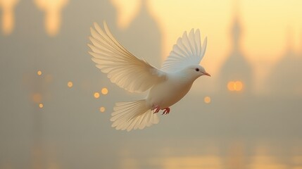 Fototapeta premium White dove in flight, serene sunrise