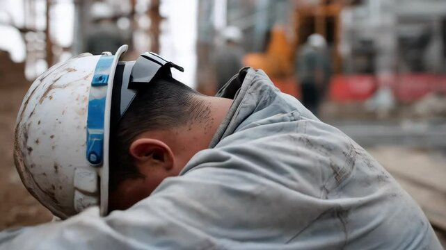 Distressed construction worker with hardhat sits on ground at construction site, exhausted and overwhelmed by difficulties, feeling despair and failure