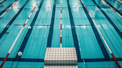 Dive into a  swimming pool, featuring clearly marked lanes and a tranquil atmosphere for perfect training sessions.