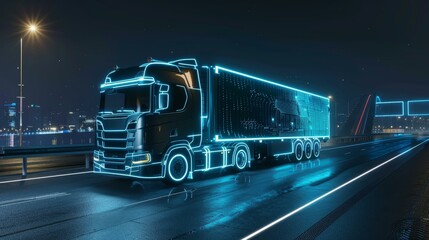 Experience the future of shipping with a cuttingedge cargo truck illuminating the night, revolutionizing logistics on the road.