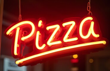 Neon sign with text Pizza and slice icon red yellow glow