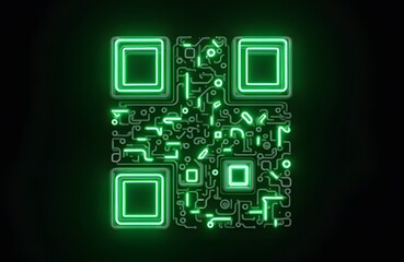 Fototapeta premium Neon style QR code design glowing green lines on black