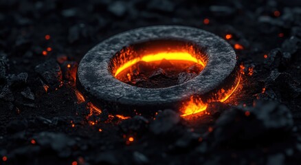 Molten metal ring in fiery ashes