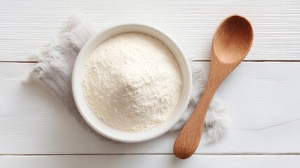 White Flour in Bowl Wooden Spoon Baking Ingredients Food Photography Rustic Kitchen Tabletop Still Life Image High Resolution Premium Quality Photo   