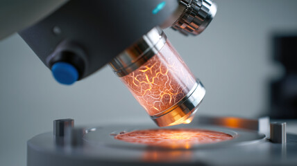 Microscope view of lit up cell structure. The image evokes a sense of scientific advancement and research.