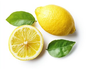 Fresh lemon halves and whole fruit with leaves