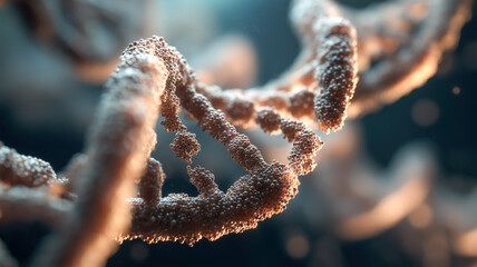 A magnified view of a DNA strand shows its intricate double helix structure, essential for genetic coding and hereditary information.