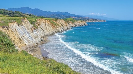Obraz premium Coastal cliffs meet turquoise ocean. Lush green hillsides and dramatic rock formations frame the shoreline