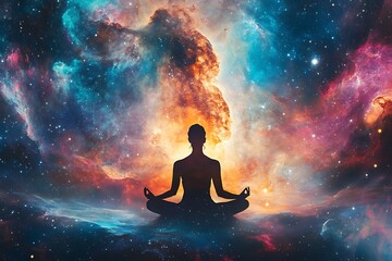A tranquil silhouette meditates against a cosmic backdrop, filled with swirling nebulae, symbolizing inner peace and connection to the universe
