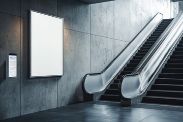 Empty advertisement board, modern escalator in a subway station