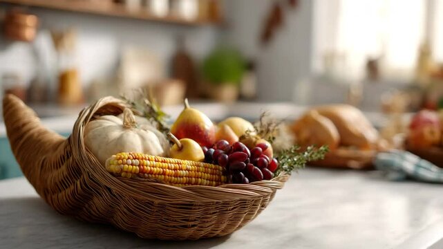 A beautifully arranged cornucopia filled with a variety of fresh fruits and vegetables symbolizing abundance and the joys of the harvest season in a warm kitchen setting.