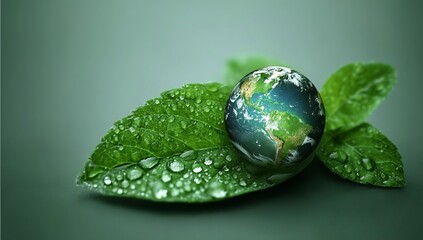 A green leaf with water droplets and an Earth globe on it, symbolizing environmental protection for