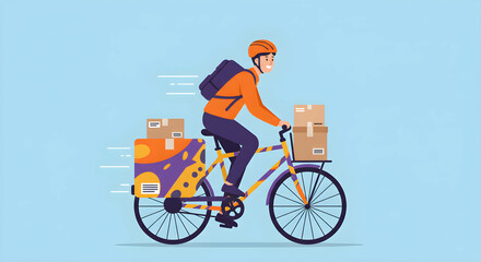 Naklejka premium Courier riding bicycle delivering parcels quickly through the city.