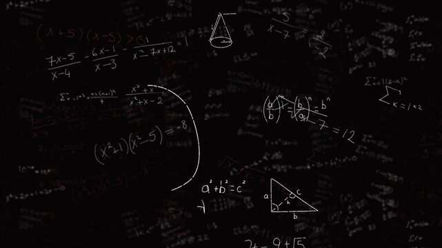 Mathematical expressions and diagrams swirling across dark chalkboard in detailed flat design
