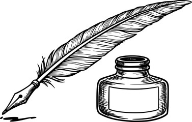 Elegant Blue Quill Pen in Ink Bottle, Writing, Art, Stationery
vector illustration