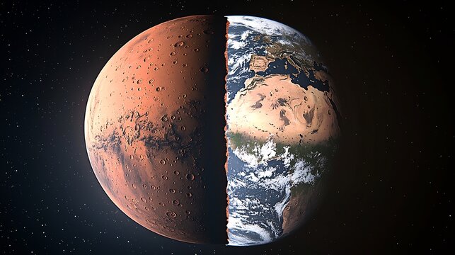 Side by side of Mars and Earth showing lack of plate tectonics on Mars comparative planetary render digital render