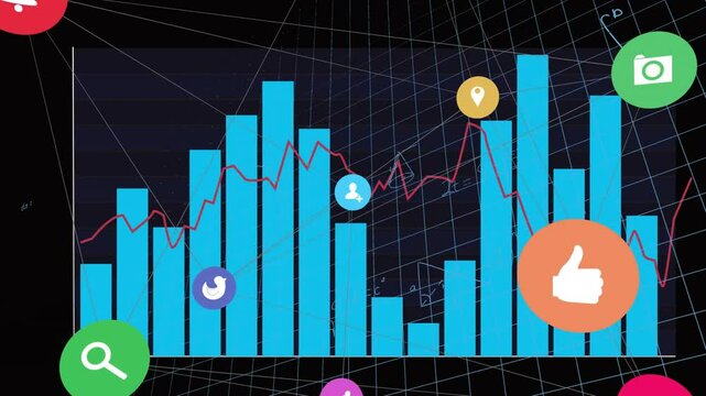 Flat design bar and line chart being animated in UI, with turquoise bars, red plot, icons