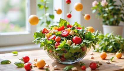 Fresh salad with colorful ingredients in a bright kitchen setting.