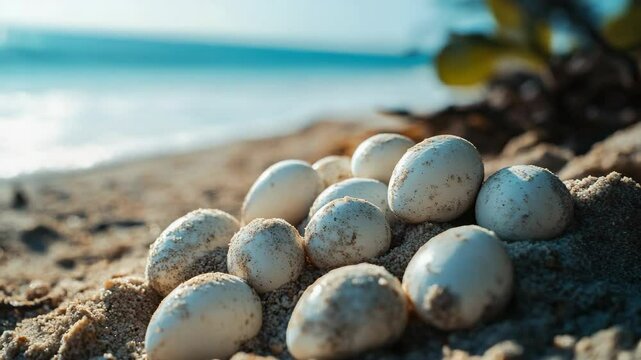 Turtle eggs nest on the beach, protected by sand and the ocean's waves.