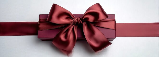 A large, dark red ribbon bow is placed on top of the long burgundy gift box against a white