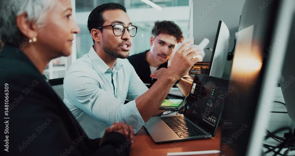 Leinwandbilder Coding, laptop and people in group discussion in office for help, web development or training with mentor. Team, planning and programmer with idea for software project, coaching and business advice