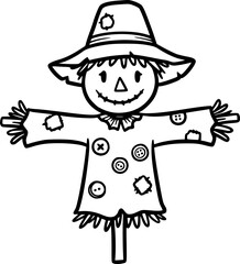 Friendly Scarecrow: A cheerful scarecrow stands tall in a field of tall grass, wearing a wide-brimmed hat and overalls.
