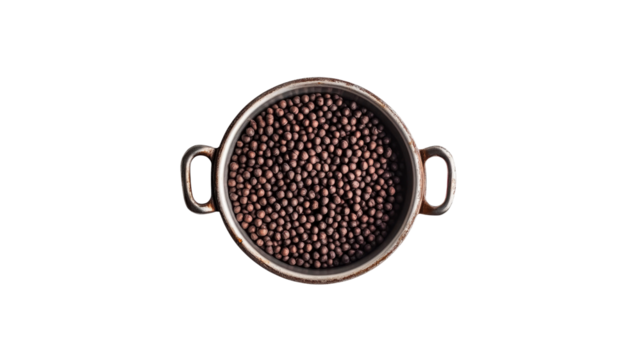 Overhead View of Dark Brown Grains in Rustic Pot