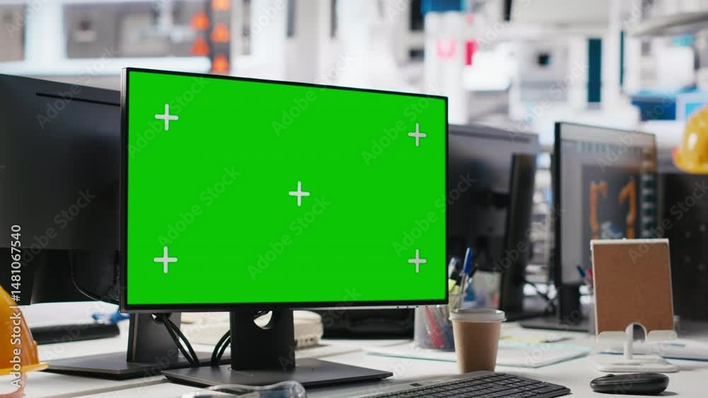 Poster green screen display on computer used to help in photovoltaics factory system parameters. chroma key