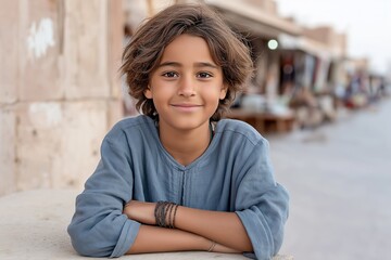 Fototapeta premium Young boy with tousled hair, wearing a blue shirt, leans on a stone wall, smiling warmly, surrounded by a bustling market atmosphere, embodying hope and resilience
