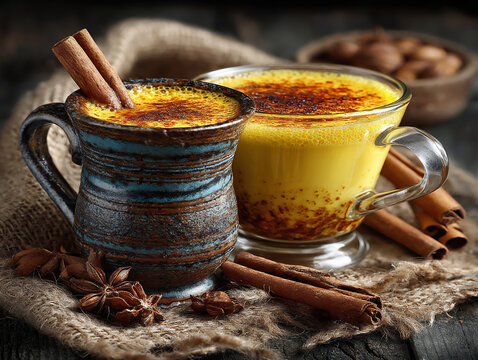 close-up photograph of golden haldi doodh (turmeric milk), a traditional indian warm beverage, served in a rustic ceramic mug with a cinnamon stick