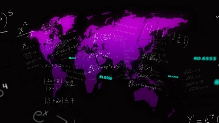 Purple world map silhouette overlaying algebraic equations and neon numbers in dark virtual display - Powered by Adobe