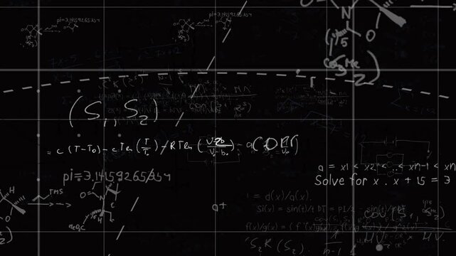 Blackboard presenting white math and chemistry equations over faint grid with curved dashed arc