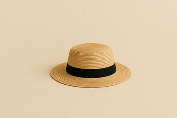 Straw hat with a black ribbon band placed on a beige background in a clean minimal setup